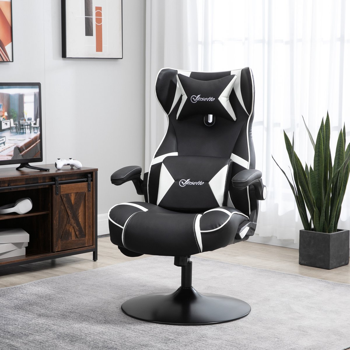 OKWISH Gamingstoel – Verstelbare Bureaustoel Met Bluetooth-Luidsprekers – Met Hoofdsteun En Lendensteun – Voor Gaming En Werk – Kunstleer – Wit Zwart