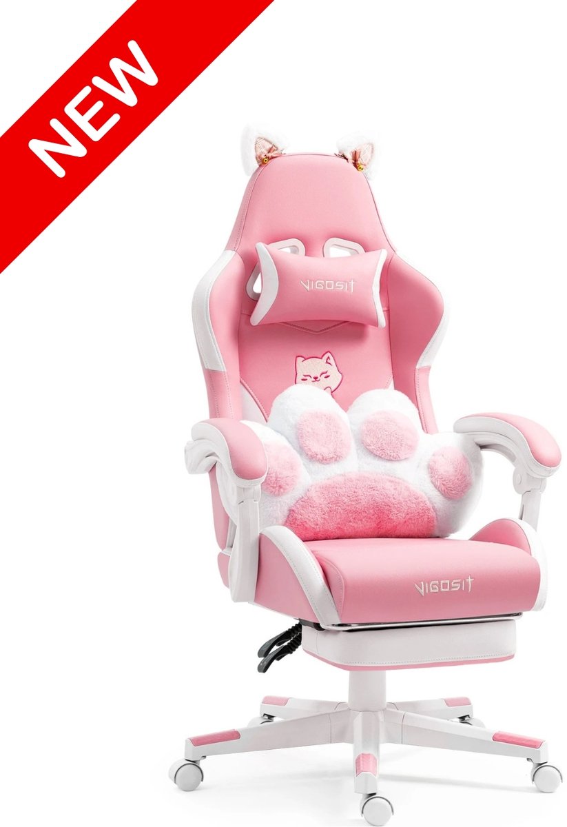 Joorly Gaming Stoel - Gamingstoel - Gaming Chair - Bureaustoel - Gamestoel - Gamestoel met kattenoren - Kawaii Kussen - Verstelbaar - Ergonomisch - Roze
