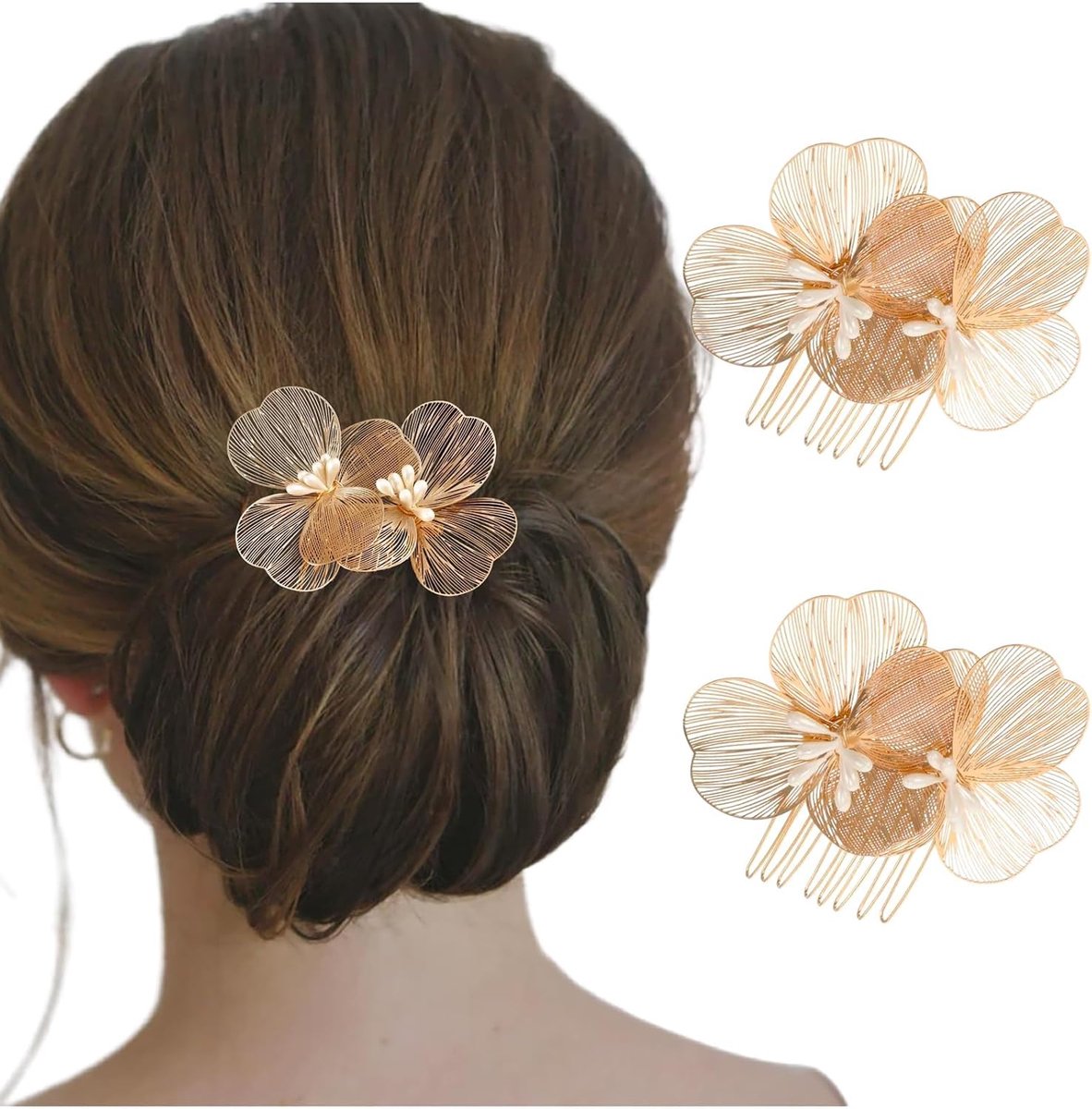 2pcs Flower Bride Stitch Comb Silver Metal Side Combs Split Tooth Hair Comb Wedding Hair Accessories for Women Girls - ShopVlot