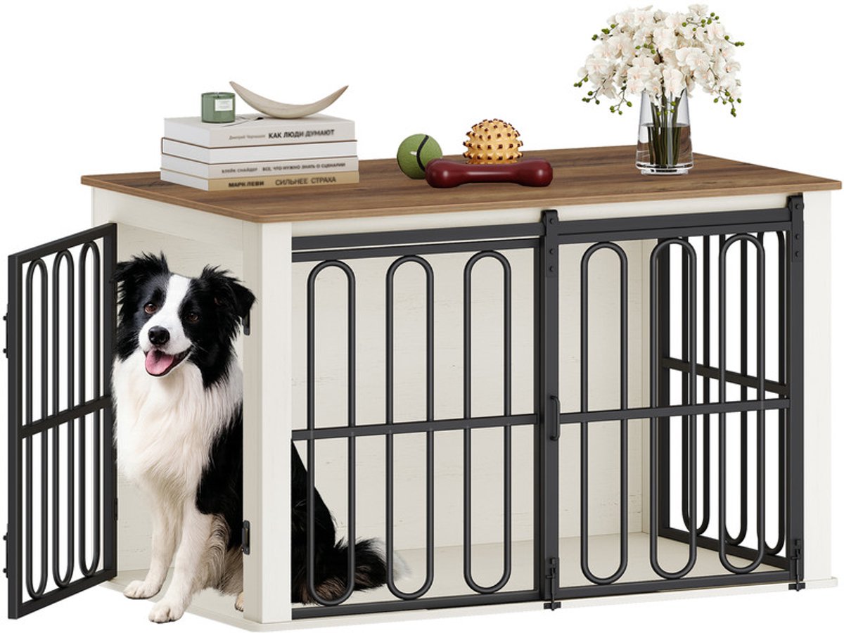 Hzuaneri Meubel, Hondenbox,100 × 60 × 62,4 cm, Houten Hondenbench met 2 Deuren, Schuifdeuren, voor Kleine, Middelgrote Honden, Wit en Bruin, Hondenbenchmeubel voor Thuis