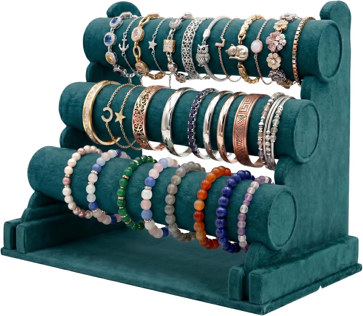 Sieradenhouder 3-laags - Groene fluwelen displaystand - Afneembare armbandhouder - Perfect voor sieradenwinkels - ShopVlot