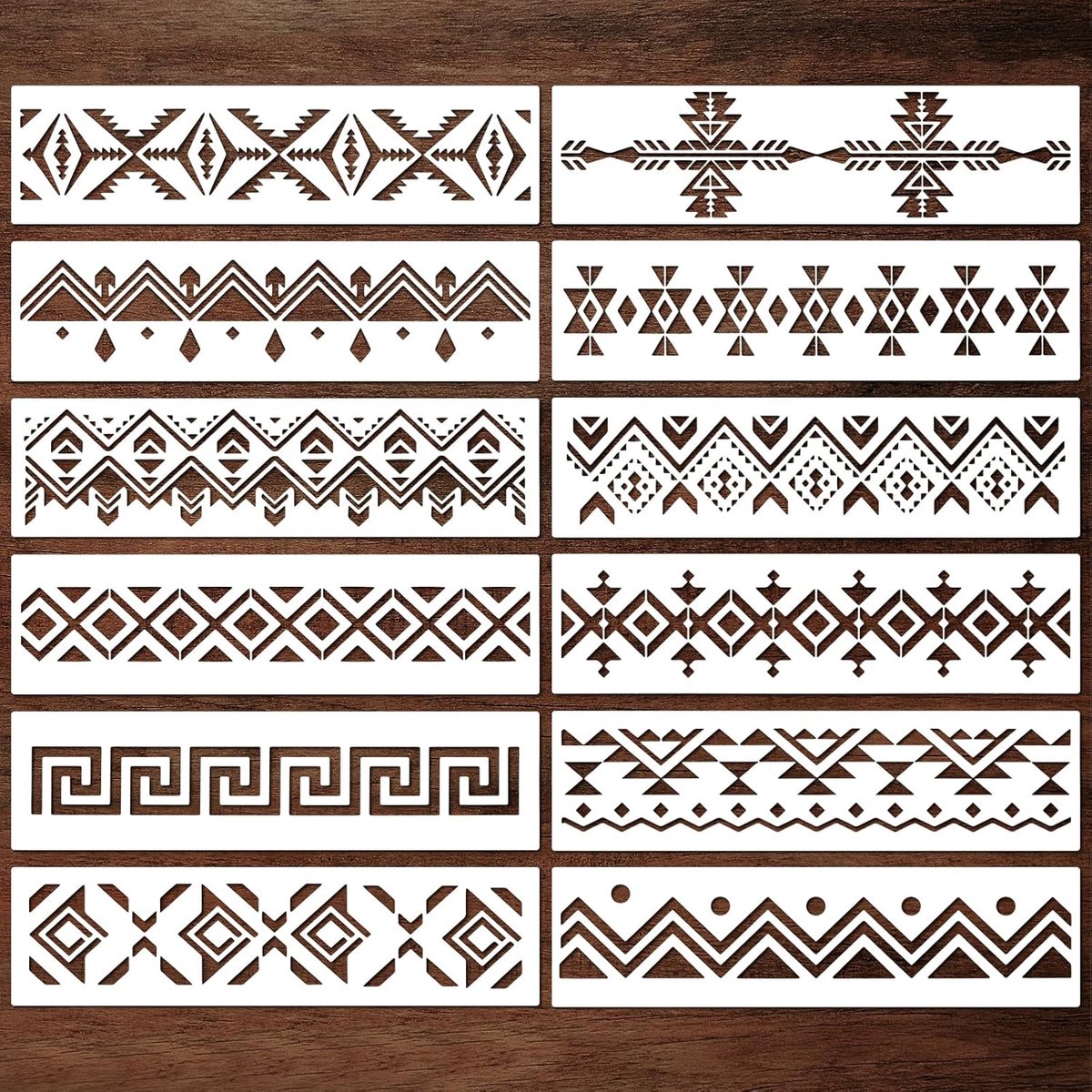 Schilderstencils 12 Stuks - Aztec Tribal Patronen - Herbruikbare DIY Sjablonen - Perfect voor Creatieve Projecten - ShopVlot
