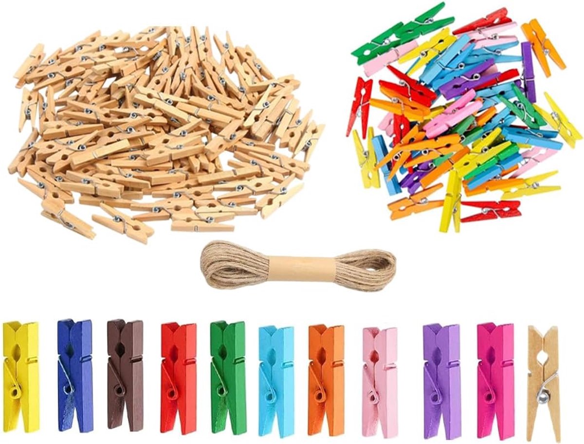 mini-wasknijpers hout 3,5 cm - 50 kleurrijke + 50 natuurlijk - veilig en duurzaam - ideaal voor decoratie - ShopVlot