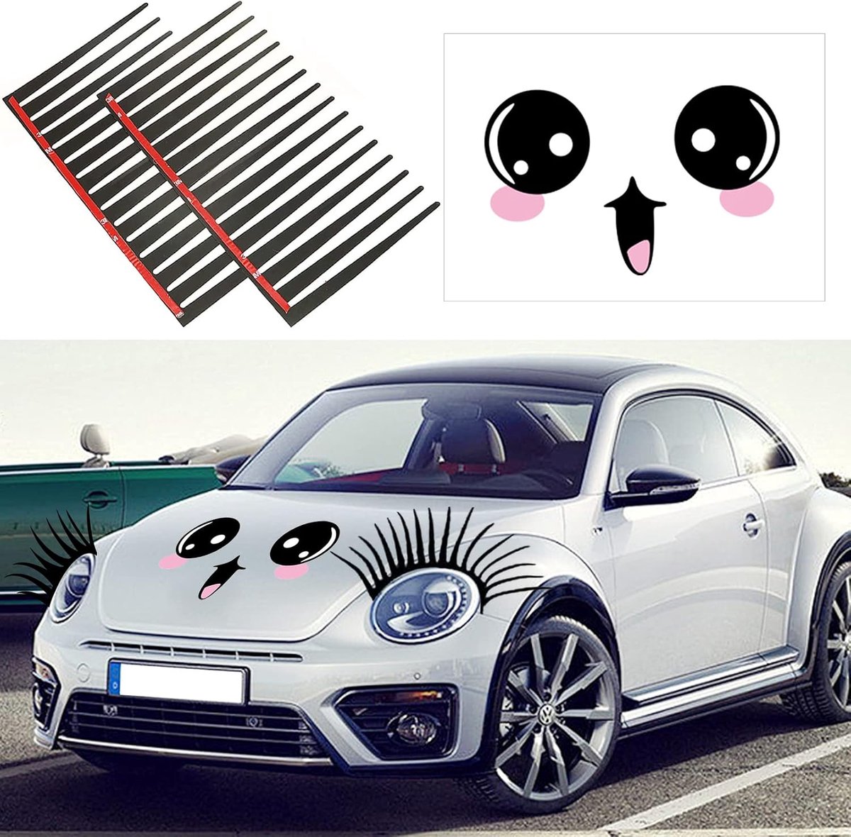 Auto wimpers stickers - 2 paar zwarte 3D stickers - met smiley gezicht - voor een schattige uitstraling - ShopVlot