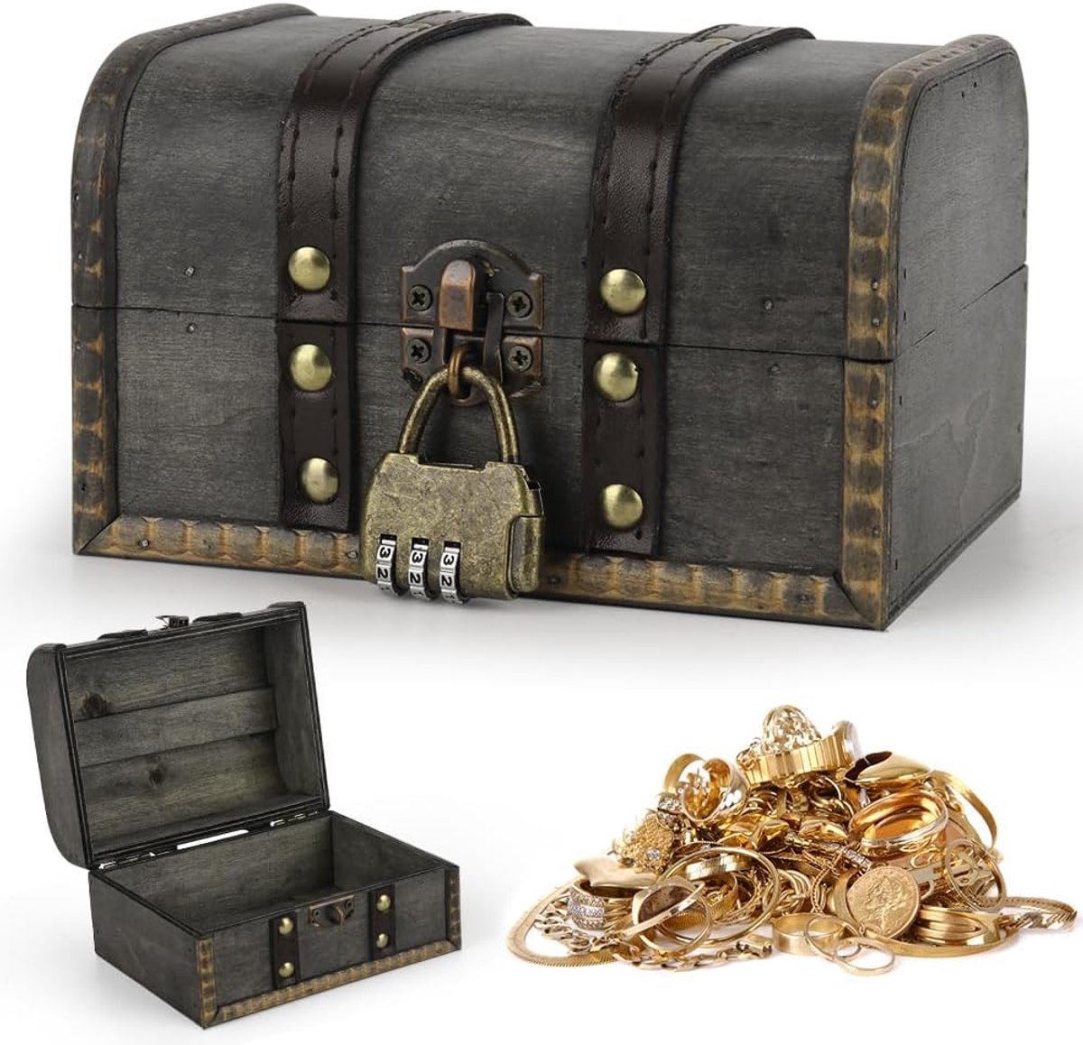 Houten schatkist groot - vintage met combinatie slot - handgemaakt - ideaal voor opslag en decoratie - ShopVlot