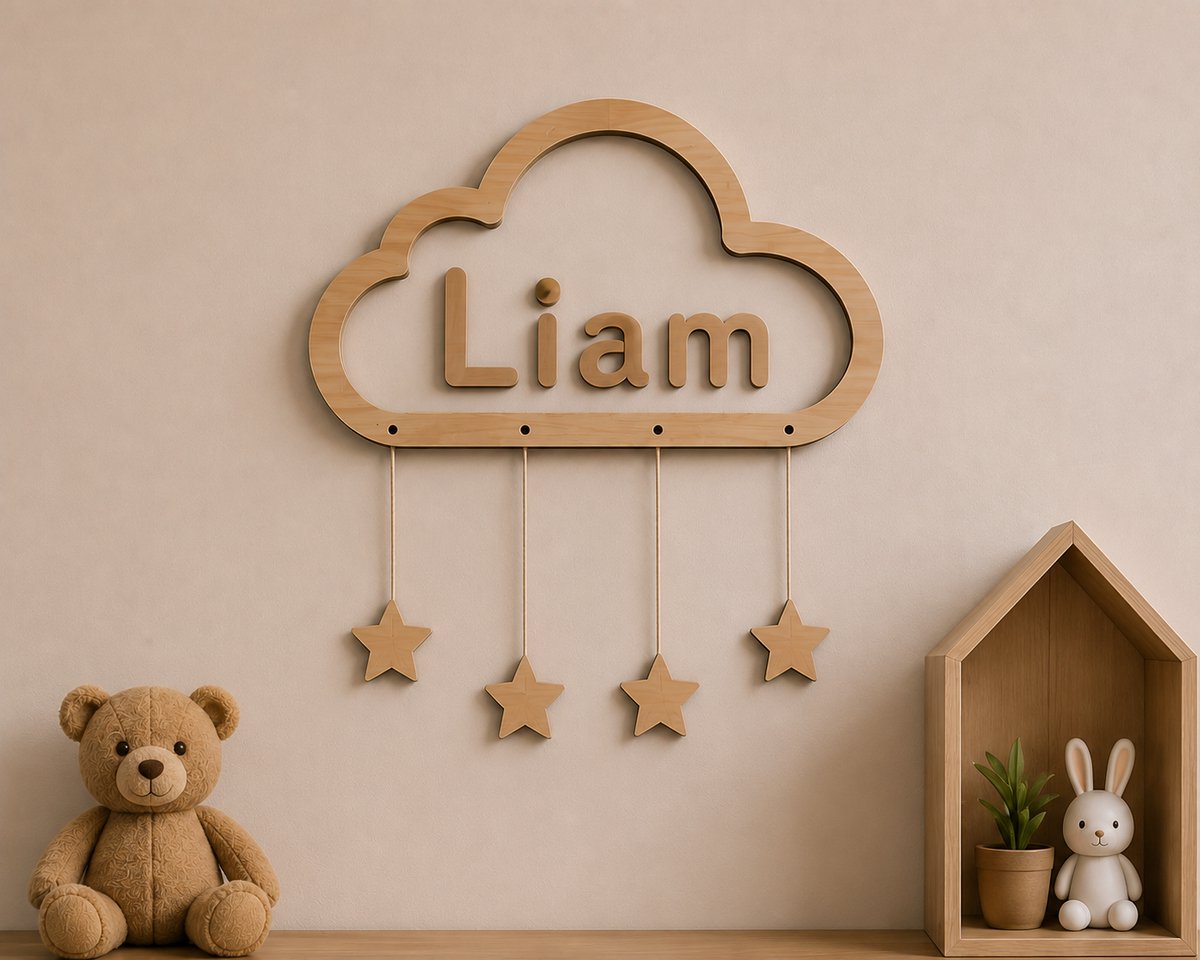 Gepersonaliseerd Houten Wolk Naambord met Sterren – Houten Naamplaat met Naam – Kinderkamer Wanddecoratie – Baby Kamer Decoratie – Boho Scandinavische Wanddecoratie – Naturel Hout