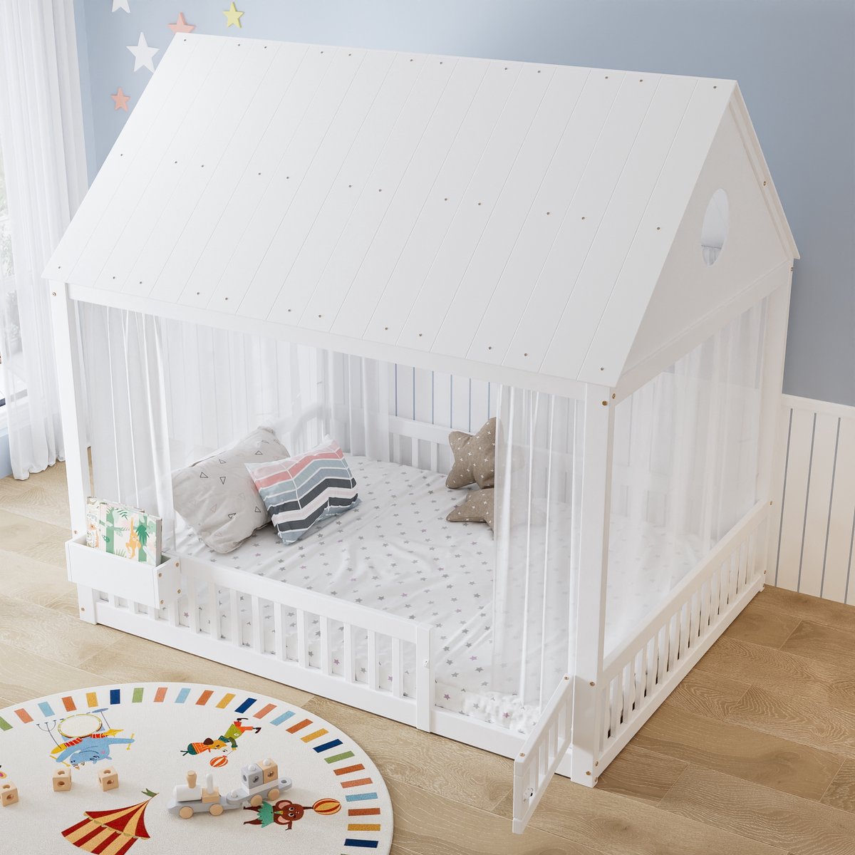 REDOM - Kajuitbed - Filigrane raam- en dakdetails - Lattenbodem - Met opbergruimte - Minimalistische stijl - Kinderkamer - Hout en MDF - Wit - 140 x 200 cm