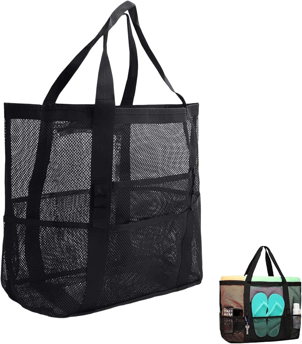 Mesh strandtas XXL - herbruikbare tas met rits - opvouwbare cosmetica tas - ideaal voor zandspelletjes - ShopVlot