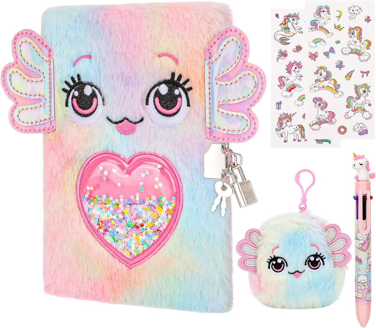 Axolotl dagboek met slot - pluche - inclusief eenhoornstickers en pen - perfect voor meisjes - ShopVlot