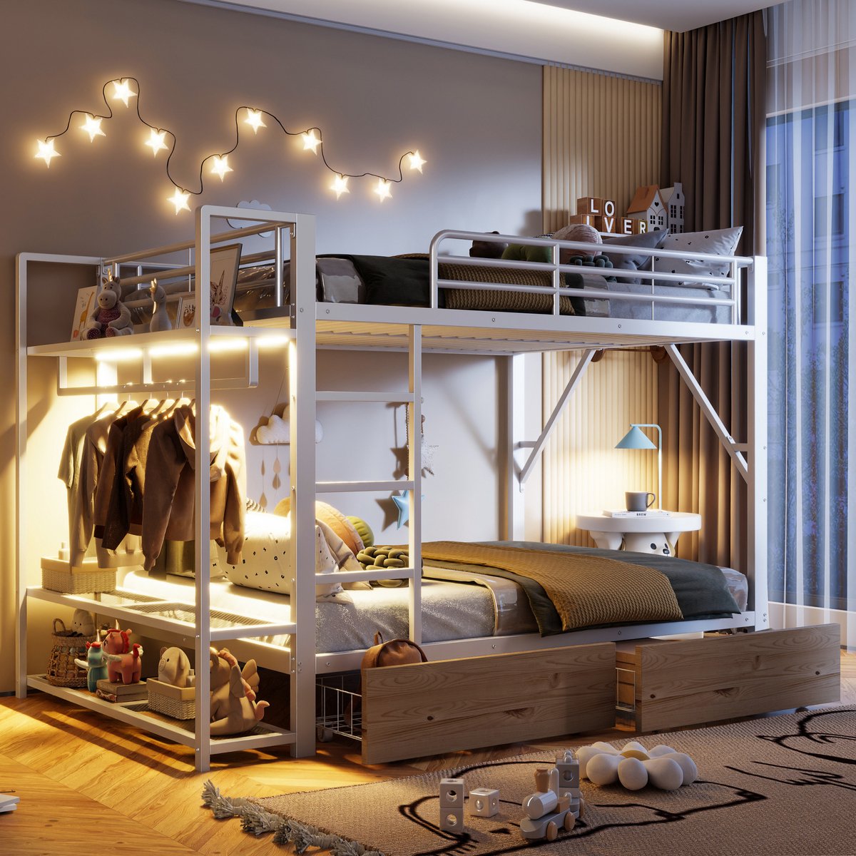 REDOM - Stapelbed - Metalen en MDF frame - Met LED-verlichting - 2 lades en opbergrekken - Kledingroede - Voor kinderen - 140 x 200 cm - Wit - 226,5 x 145 x 160 cm
