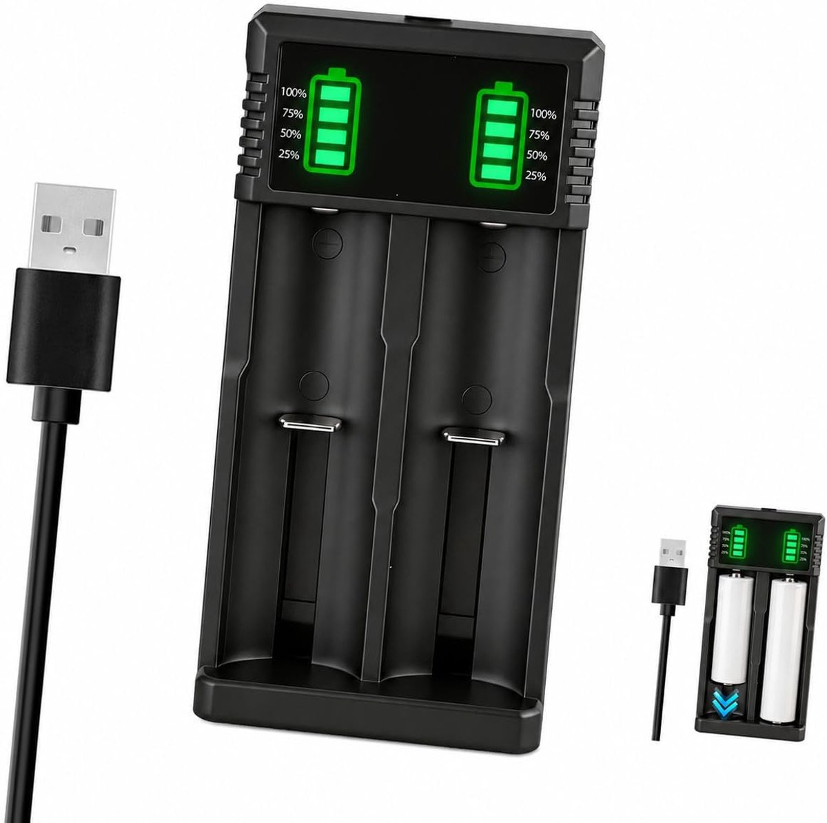 Universele acculader met 2 compartimenten voor 3,7V Li-ion accu's, compatibel met 18650, 21700, 26650, 14500, 18500 en - ShopVlot