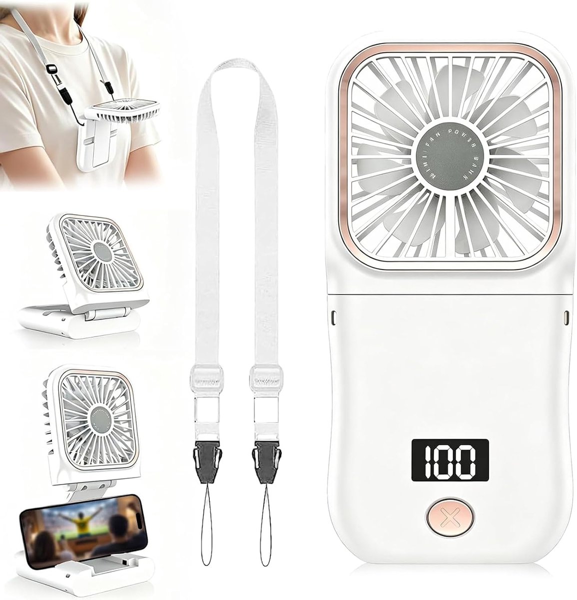Draagbare mini-handventilator, 5 snelheden, handventilator - 4-in-1 opvouwbare ventilator met led-display - ShopVlot
