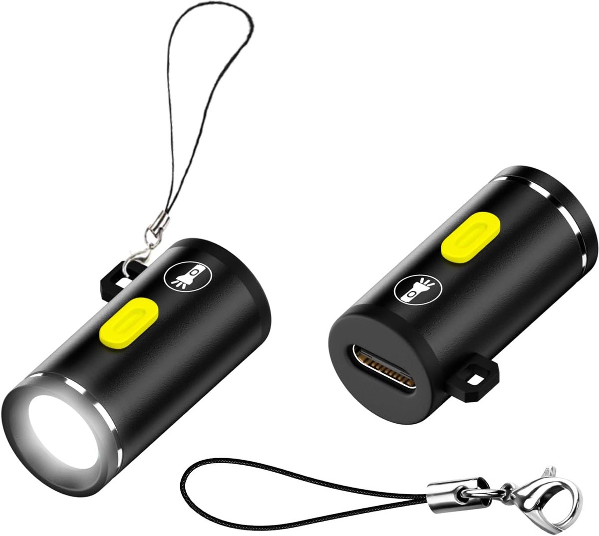 QIANRENON 2 stuks USB C mini-zaklampen zonder accu, 5 V, 1 W, aluminiumlegering, beschermhoes met sleutelkoord, voor - ShopVlot