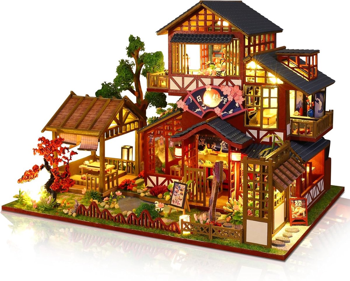DIY Miniature House Building Kit, Small Japanese Sakura Wooden Restaurant in 3D, Mini Dollhouse Building Kit with Dust - ShopVlot