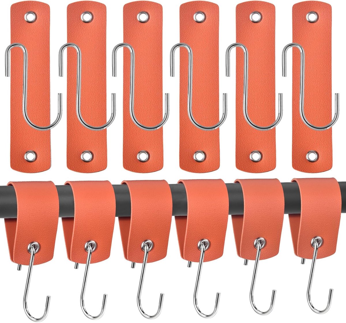 Kledinghaken, S-haken met leren lus, 12 stuks, 13,3 x 3 cm, haken om op te hangen, metaal, voor garderobe, keuken - ShopVlot