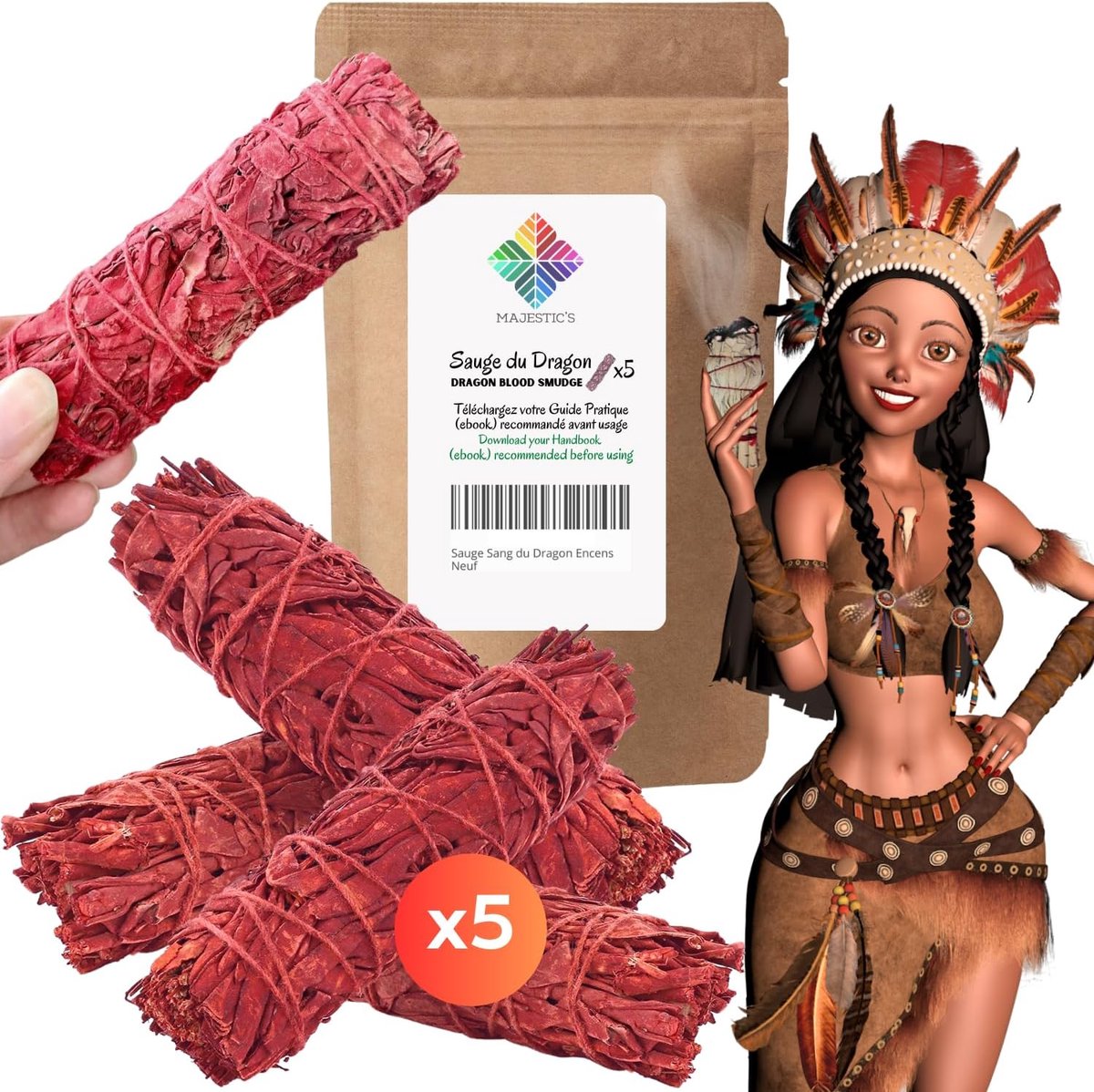 Red sage, dragon blood, white sage, fire purification, X5 sticks + practical ebook (PDF) - ShopVlot