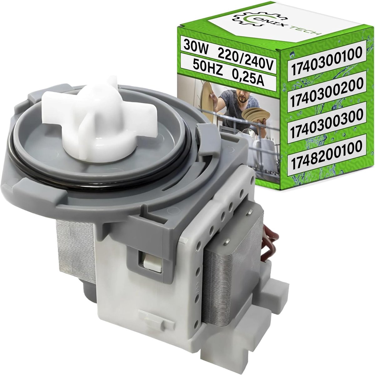 Drain pump for dishwasher, 30 W, 220/240 V, 50 Hz, 0.25 A, original code 1740300100, 1740300200, 1740300300 - ShopVlot