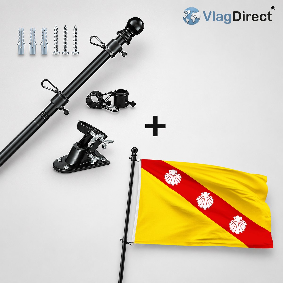 VlagDirect - Compleet vlaggenpakket - Zwarte vlaggenstok inclusief vlaggenstokhouder + Gemeente Brunehaut vlag - 90 x 150 cm.