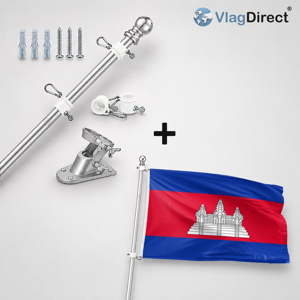 VlagDirect - Compleet vlaggenpakket - Zilveren vlaggenstok inclusief vlaggenstokhouder + Cambodjaanse vlag - Cambodja vlag - 90 x 150 cm.