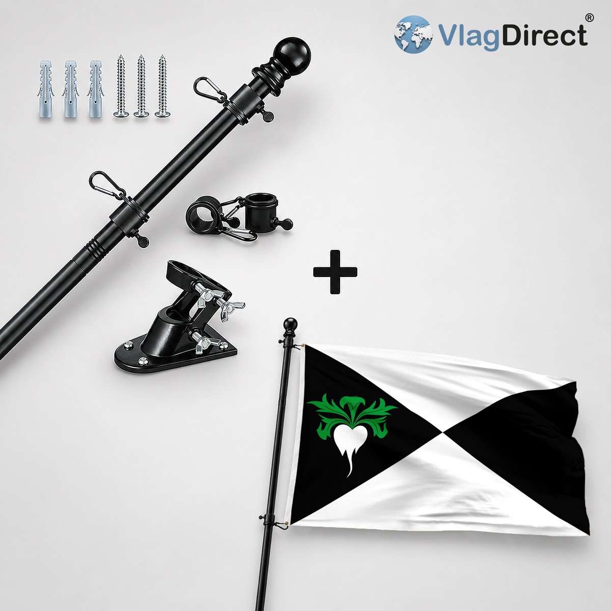 VlagDirect - Compleet vlaggenpakket - Zwarte vlaggenstok inclusief vlaggenstokhouder + Lokerse vlag - Gemeente Lokeren vlag - 90 x 150 cm.