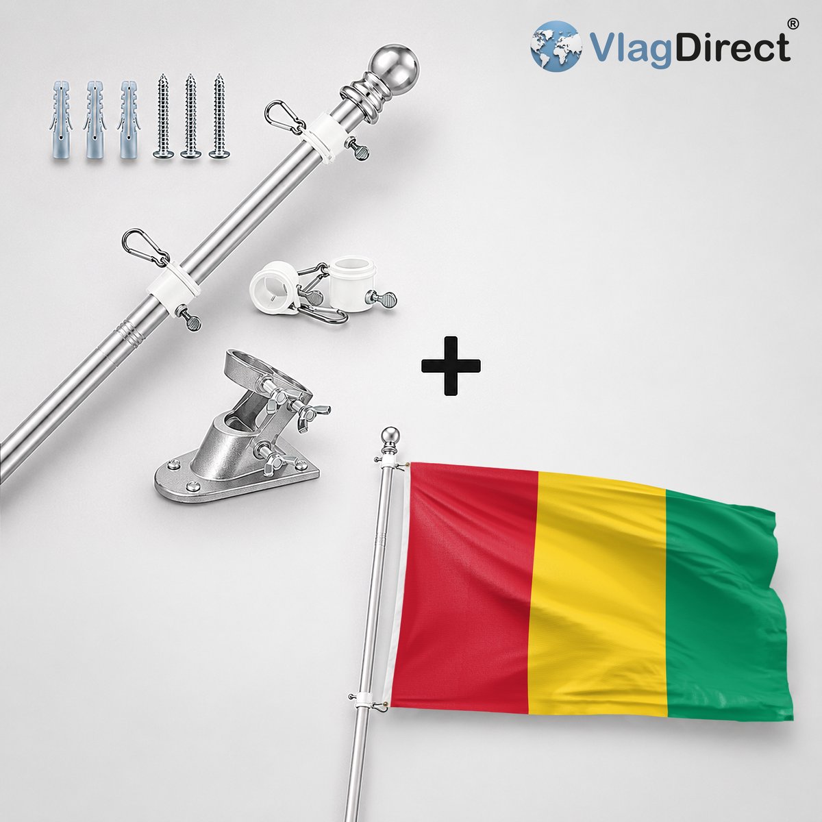 VlagDirect - Compleet vlaggenpakket - Zilveren vlaggenstok inclusief vlaggenstokhouder + Guinese vlag - Guinea Conakry vlag - 90 x 150 cm.