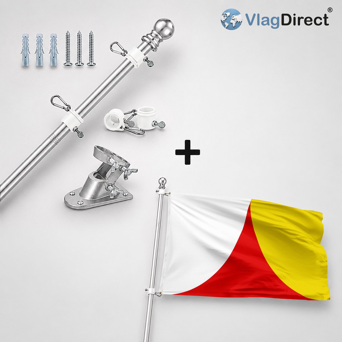 VlagDirect - Compleet vlaggenpakket - Zilveren vlaggenstok inclusief vlaggenstokhouder + Steenokkerzeelse vlag - Gemeente Steenokkerzeel vlag - 90 x 150 cm.