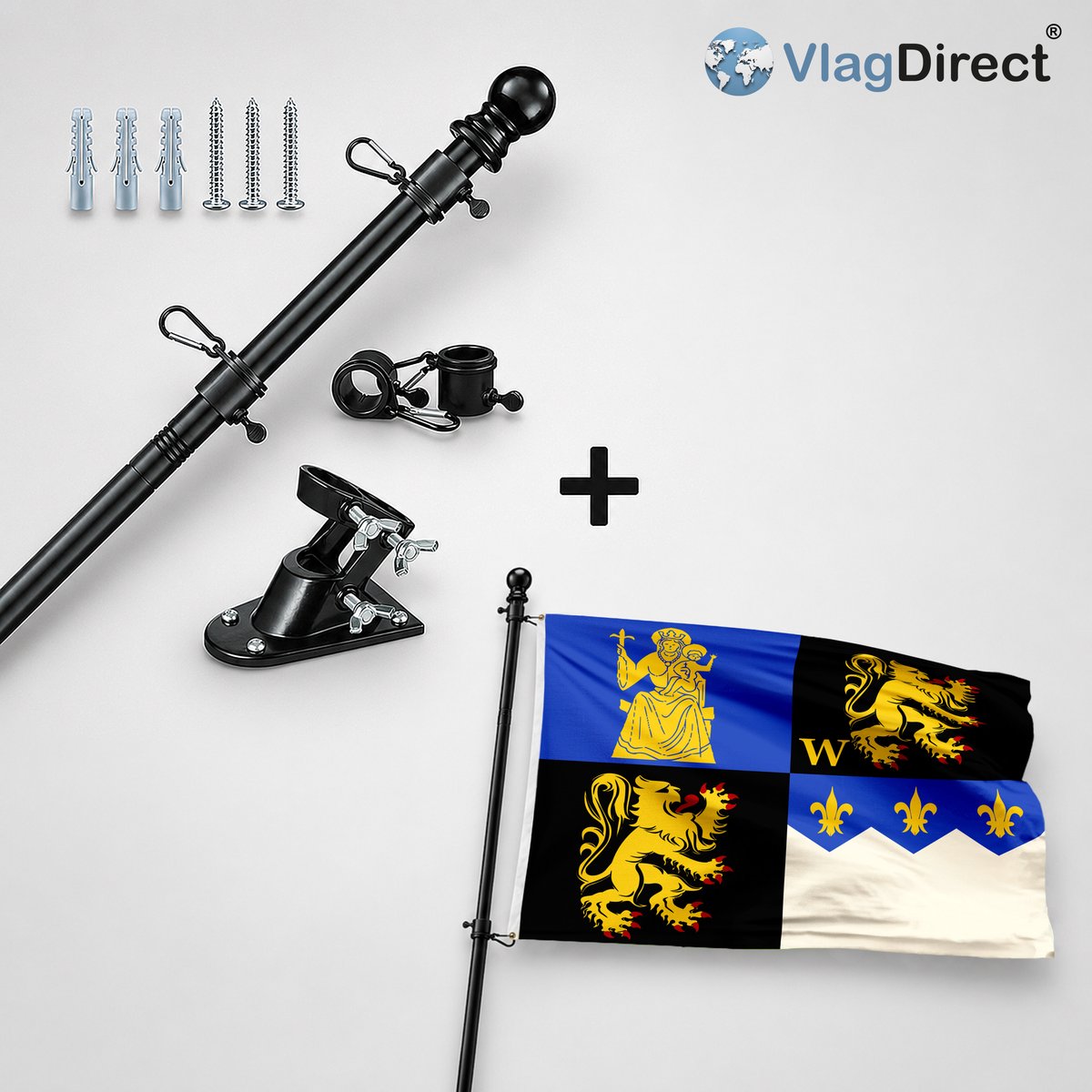 VlagDirect - Compleet vlaggenpakket - Zwarte vlaggenstok inclusief vlaggenstokhouder + Herentse vlag - Gemeente Herent vlag - 90 x 150 cm.