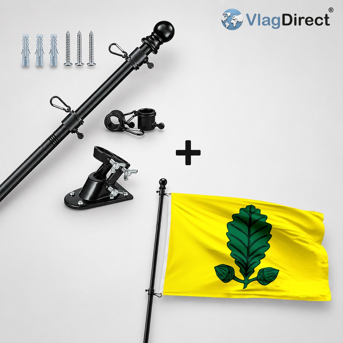 VlagDirect - Compleet vlaggenpakket - Zwarte vlaggenstok inclusief vlaggenstokhouder + Heusden-Zolderse vlag - Gemeente Heusden-Zolder vlag - 90 x 150 cm.