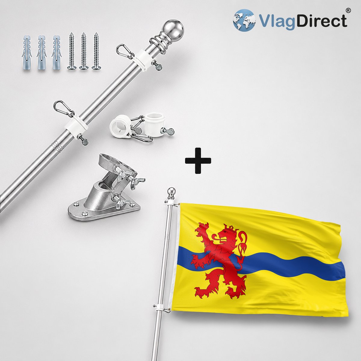 VlagDirect - Compleet vlaggenpakket - Zilveren vlaggenstok inclusief vlaggenstokhouder + Alkense vlag - Gemeente Alken vlag - 90 x 150 cm.