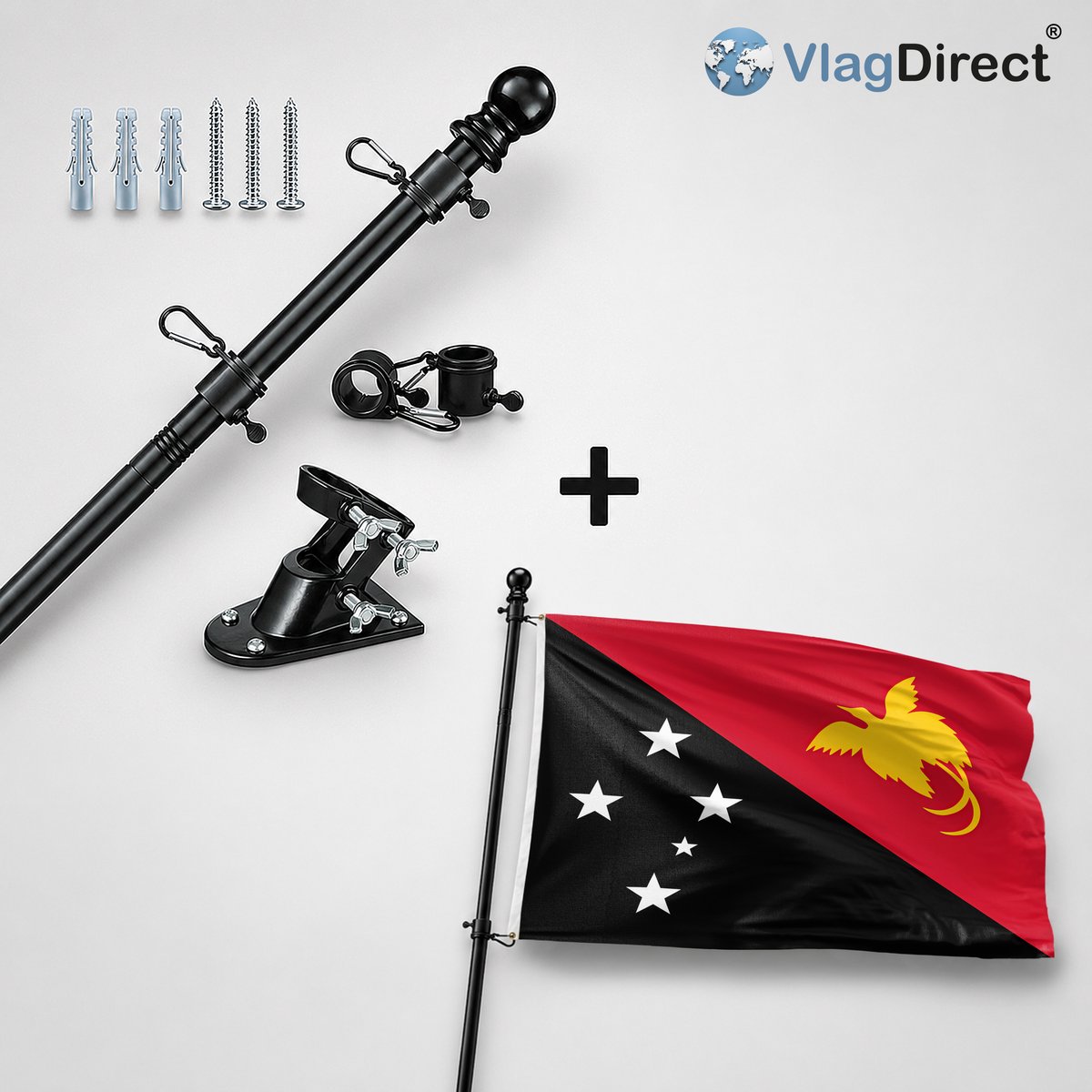 VlagDirect - Compleet vlaggenpakket - Zwarte vlaggenstok inclusief vlaggenstokhouder + Papoea-Nieuw-Guinese vlag - Papoea-Nieuw-Guinea vlag - 90 x 150 cm