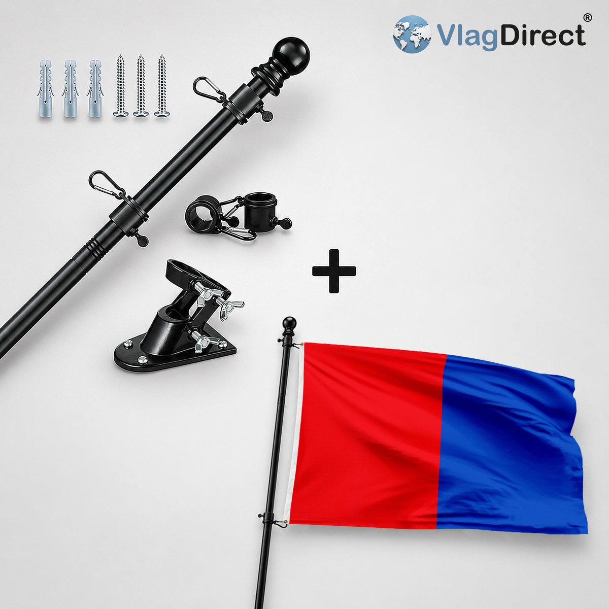 VlagDirect - Compleet vlaggenpakket - Zwarte vlaggenstok inclusief vlaggenstokhouder + Bastenaakse vlag - Gemeente Bastenaken vlag - 90 x 150 cm.