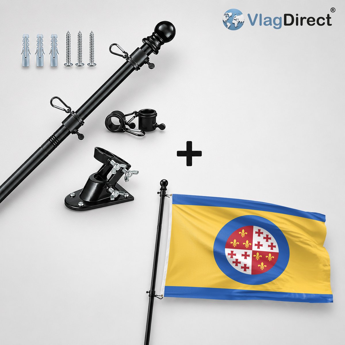 VlagDirect - Compleet vlaggenpakket - Zwarte vlaggenstok inclusief vlaggenstokhouder + Harlingen vlag - Gemeente Harlingen vlag - 90 x 150 cm.