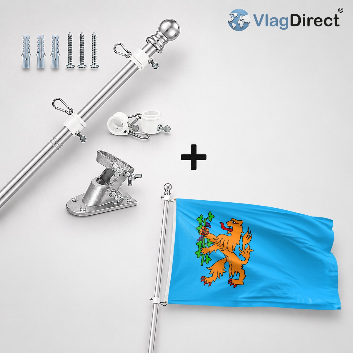 VlagDirect - Compleet vlaggenpakket - Zilveren vlaggenstok inclusief vlaggenstokhouder + Brummen vlag - Gemeente Brummen vlag - 90 x 150 cm.