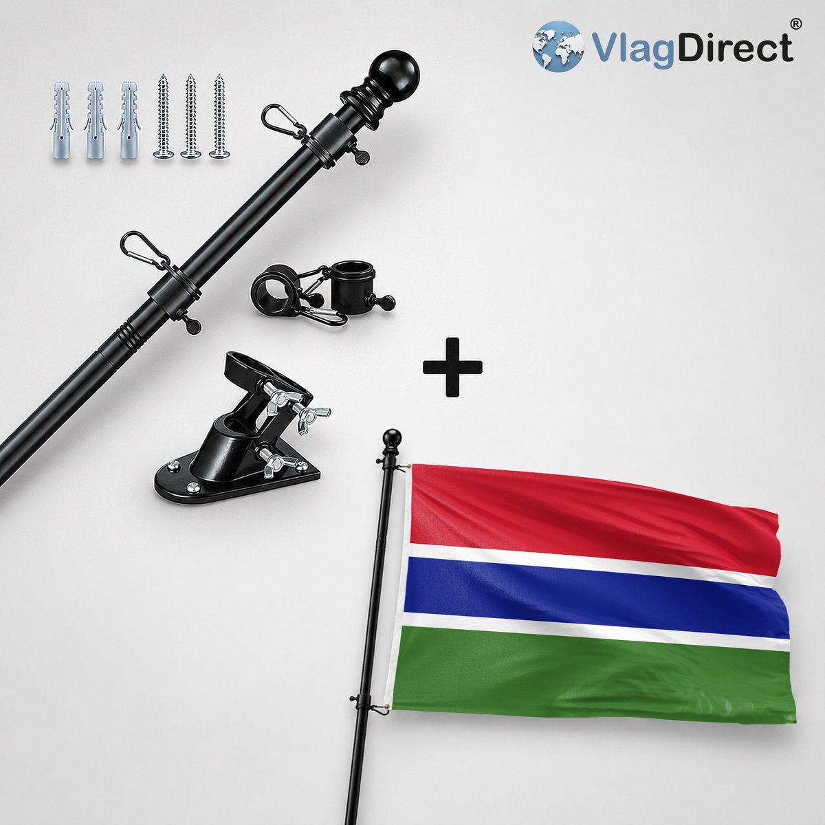 VlagDirect - Compleet vlaggenpakket - Zwarte vlaggenstok inclusief vlaggenstokhouder + Gambiaanse vlag - Gambia vlag - 90 x 150 cm
