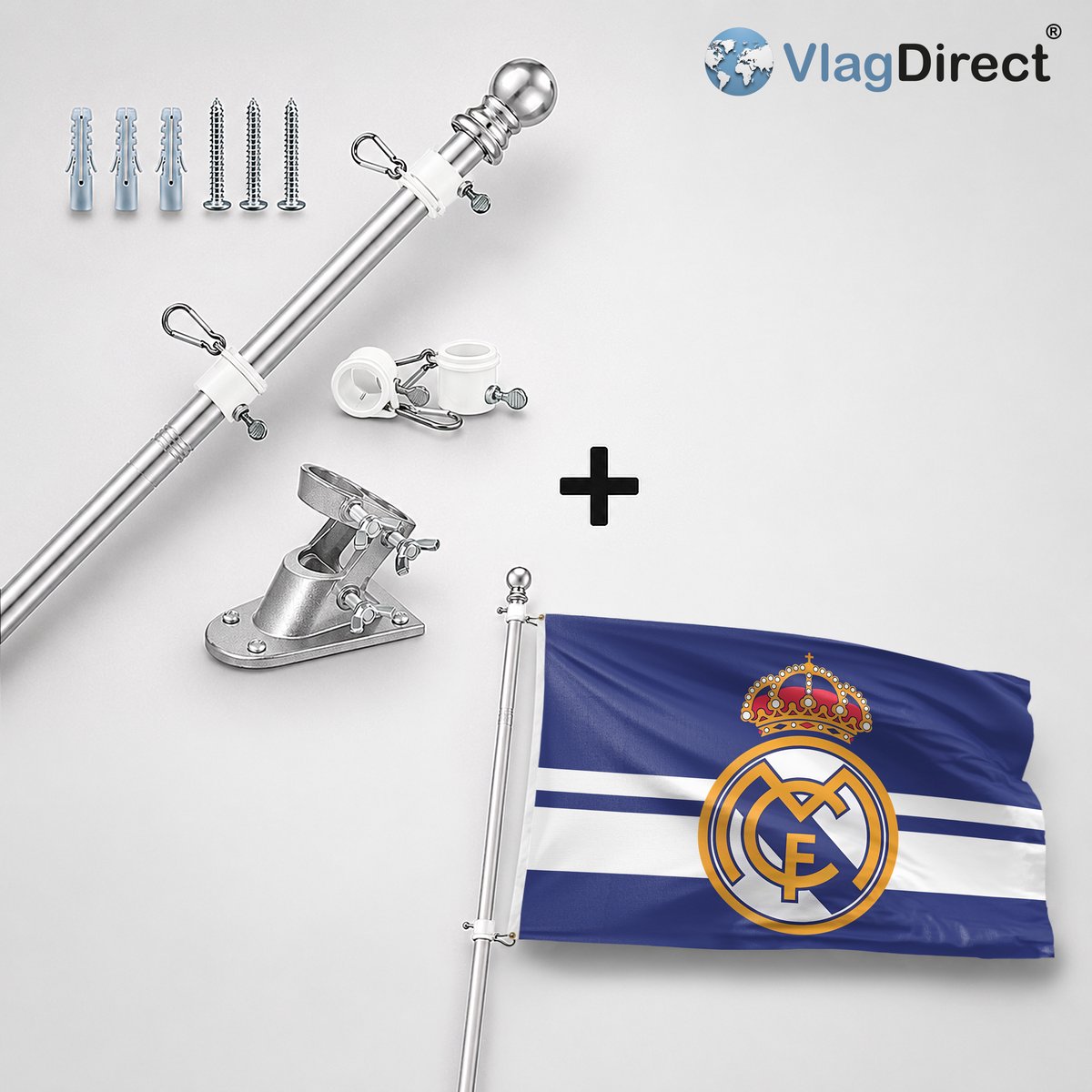 VlagDirect - Compleet vlaggenpakket - Zilveren vlaggenstok inclusief vlaggenstokhouder + Real Madrid vlag - 90 x 150 cm.
