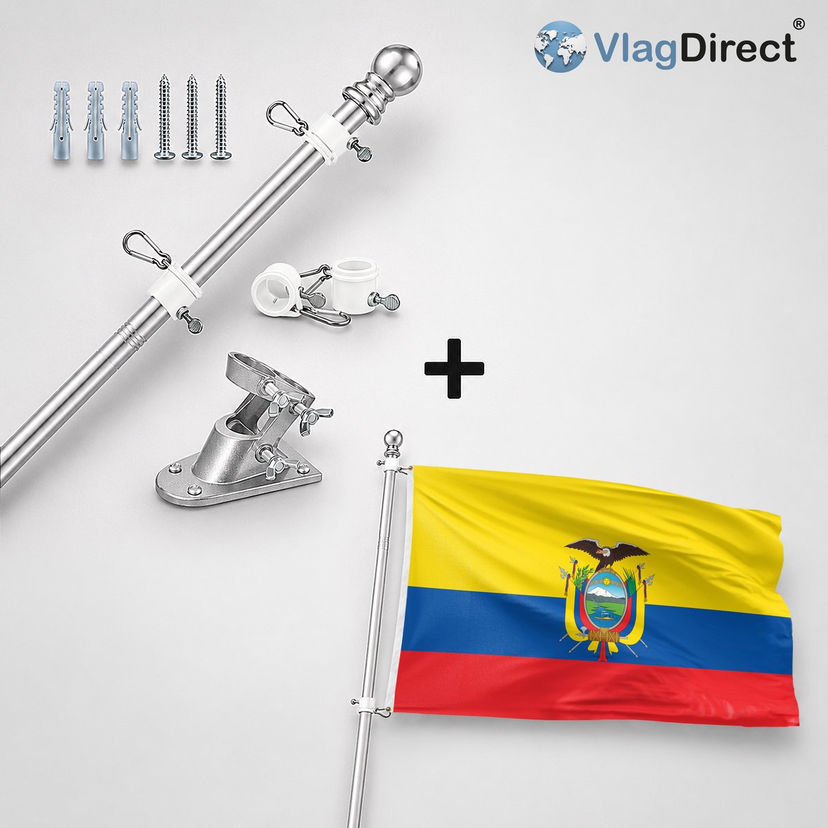 VlagDirect - Compleet vlaggenpakket - Zilveren vlaggenstok inclusief vlaggenstokhouder + Ecuadoriaanse vlag - Ecuador vlag - 90 x 150 cm.
