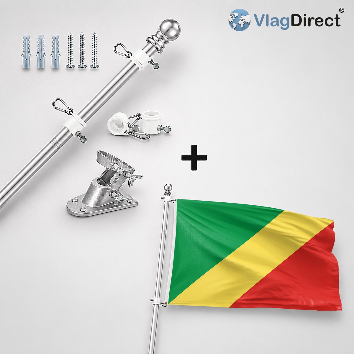 VlagDirect - Compleet vlaggenpakket - Zilveren vlaggenstok inclusief vlaggenstokhouder + Congolese vlag - Congo-Brazzaville vlag - Republiek Congo vlag - 90 x 150cm.