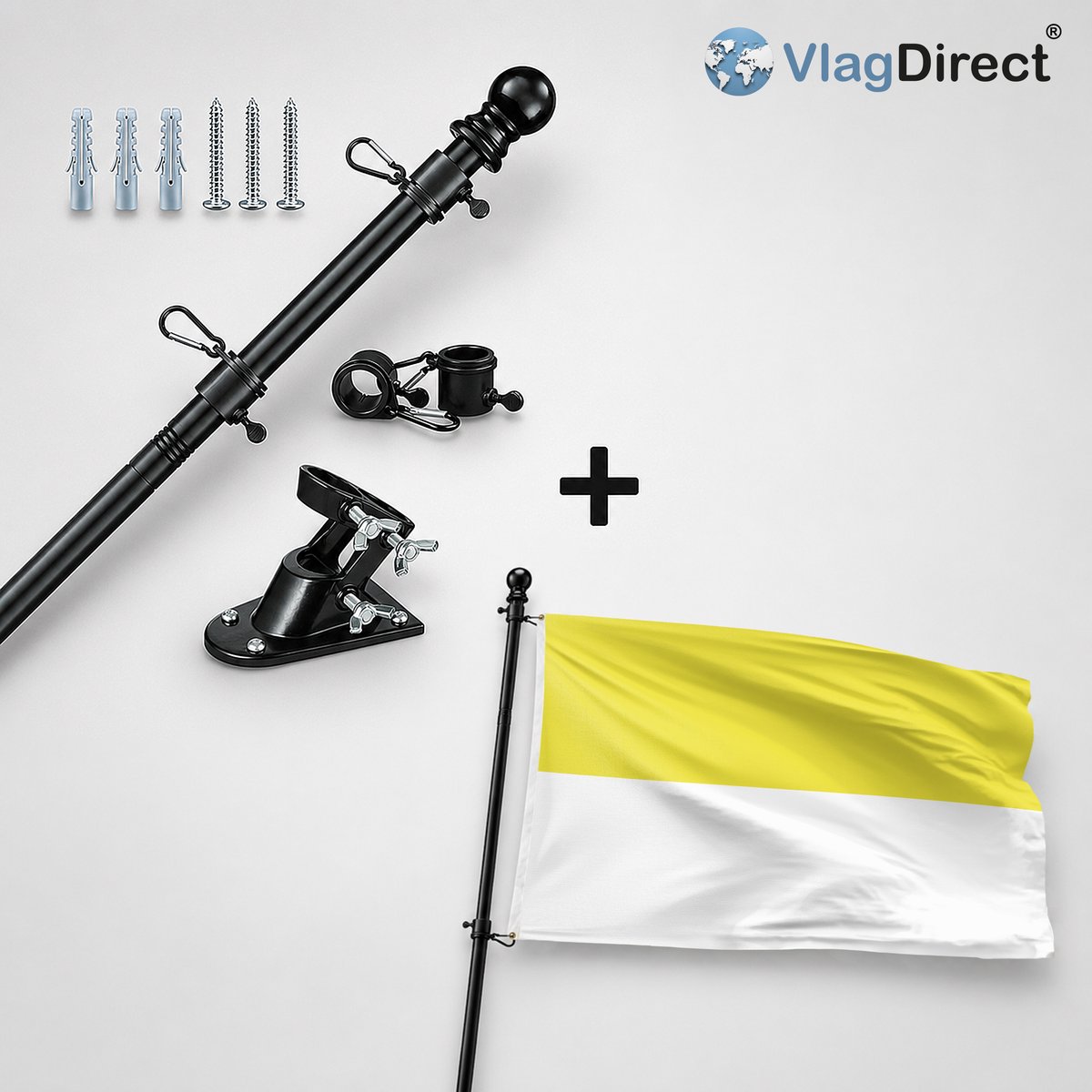 VlagDirect - Compleet vlaggenpakket - Zwarte vlaggenstok inclusief vlaggenstokhouder + Geelse vlag - Gemeente Geel vlag - 90 x 150 cm.