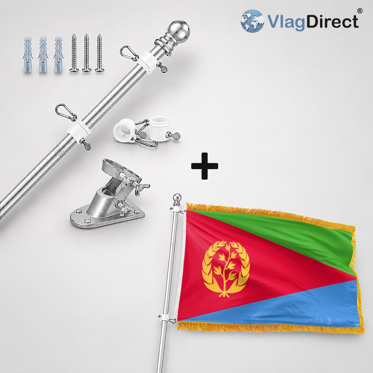 VlagDirect - Compleet vlaggenpakket - Zilveren vlaggenstok inclusief vlaggenstokhouder + Luxe Eritrese vlag - Luxe Eritrea vlag - 90 x 150 cm - Franjes.