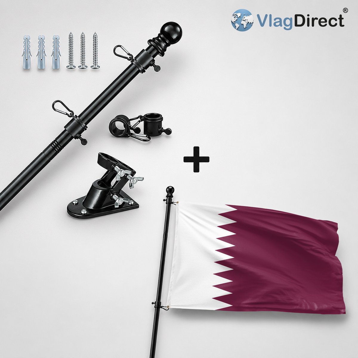 VlagDirect - Compleet vlaggenpakket - Zwarte vlaggenstok inclusief vlaggenstokhouder + Qatarese vlag - Qatar vlag - 90 x 150 cm.
