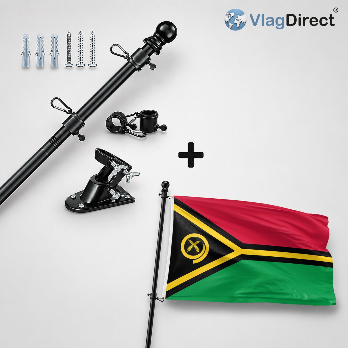 VlagDirect - Compleet vlaggenpakket - Zwarte vlaggenstok inclusief vlaggenstokhouder + Vanuatuaanse vlag - Vanuatu vlag - 90 x 150 cm