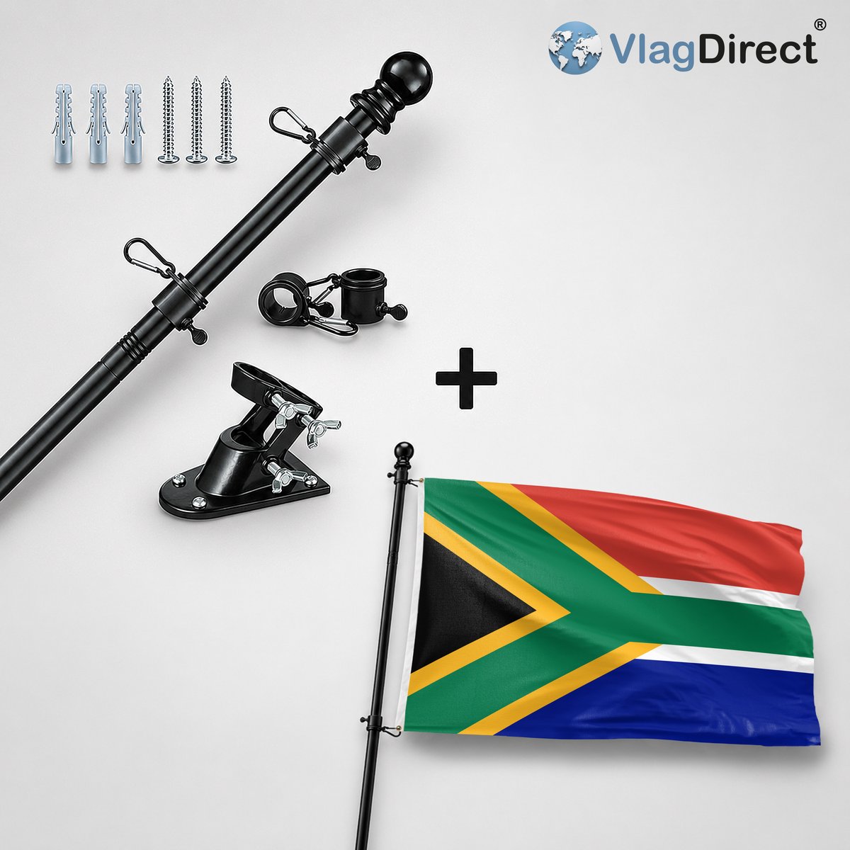 VlagDirect - Compleet vlaggenpakket - Zwarte vlaggenstok inclusief vlaggenstokhouder + Zuid-Afrikaanse vlag - Zuid-Afrika vlag - 90 x 150 cm.