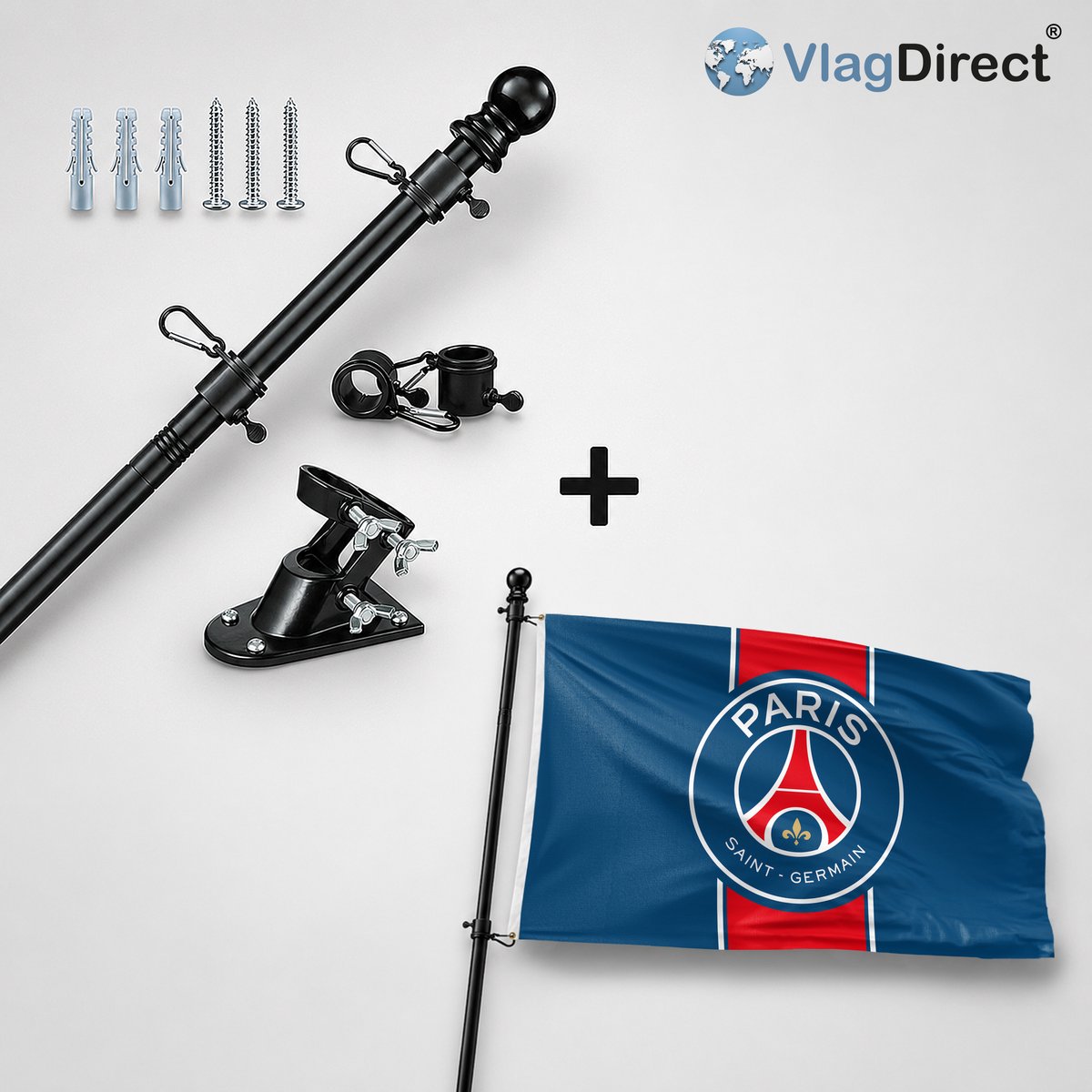 VlagDirect - Compleet vlaggenpakket - Zwarte vlaggenstok inclusief vlaggenstokhouder + PSG vlag - Paris Saint Germain vlag - 90 x 150 cm.
