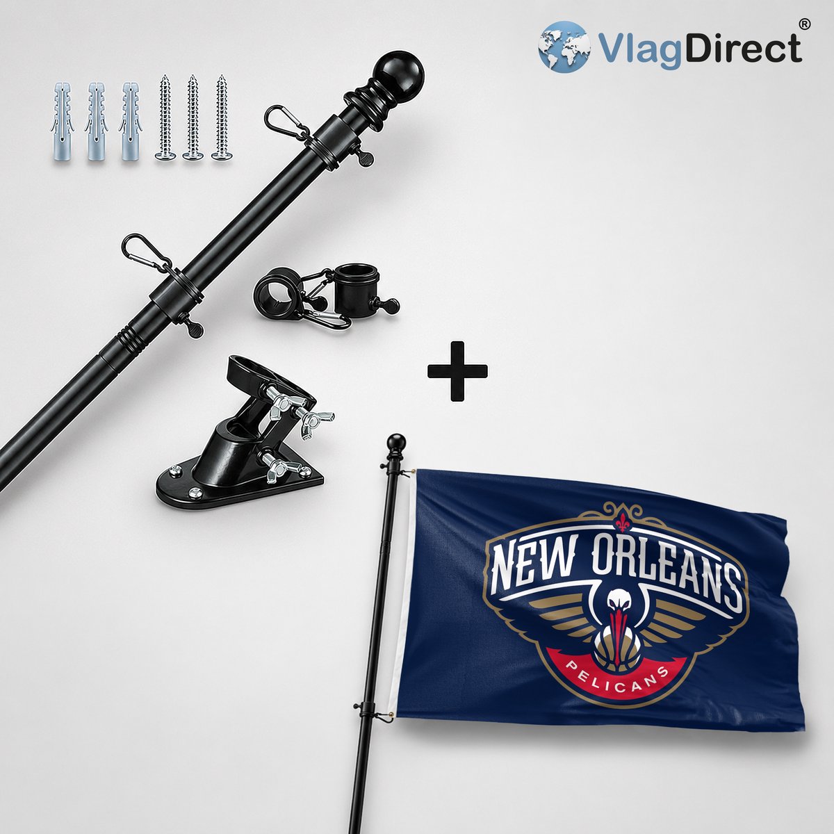 VlagDirect - Compleet vlaggenpakket - Zwarte vlaggenstok inclusief vlaggenstokhouder + New Orleans Pelicans vlag - New Orleans Pelicans basketbalteam vlag - 90 x 150 cm.