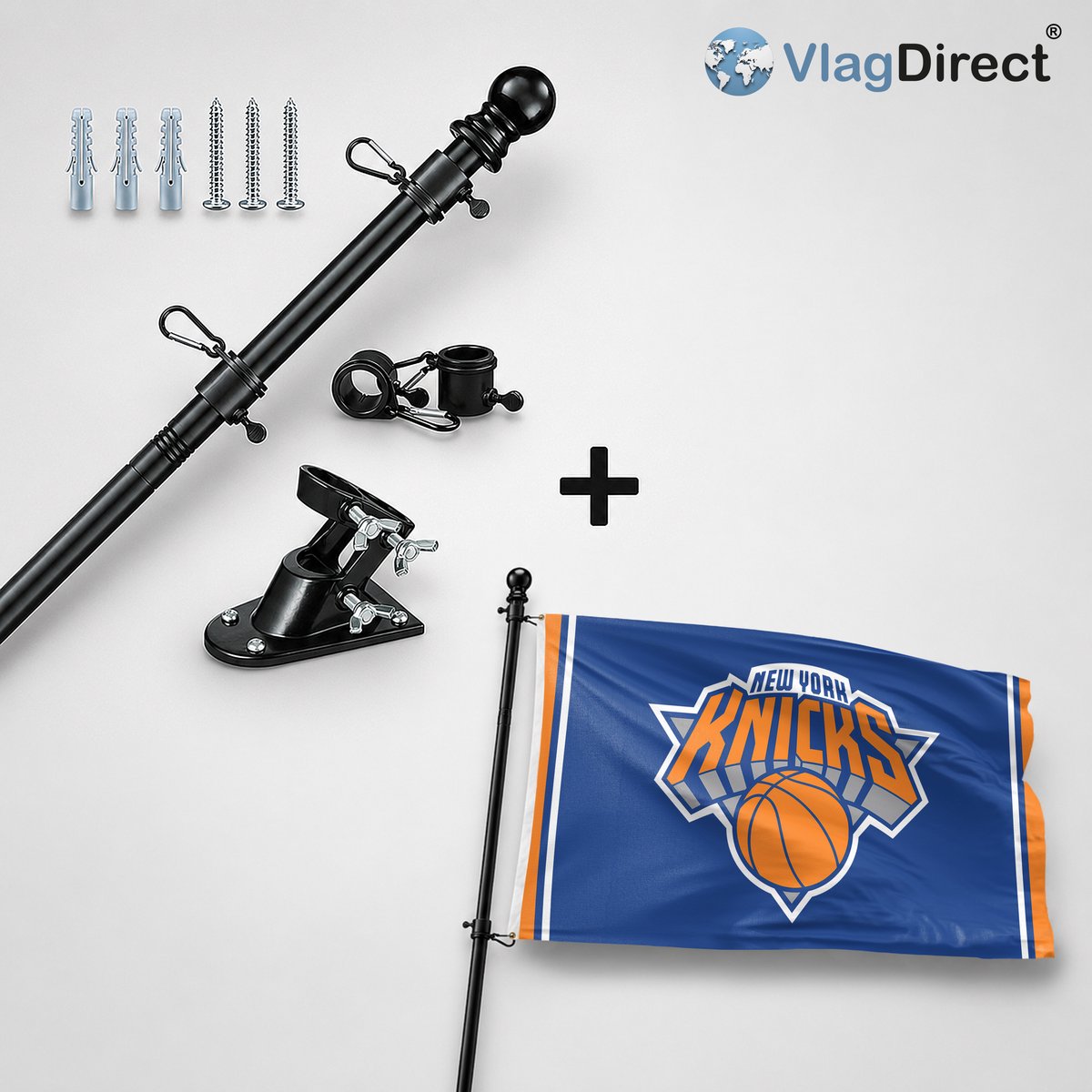 VlagDirect - Compleet vlaggenpakket - Zwarte vlaggenstok inclusief vlaggenstokhouder + New York Knicks vlag - New York Knicks basketbalteam vlag - 90 x 150 cm.