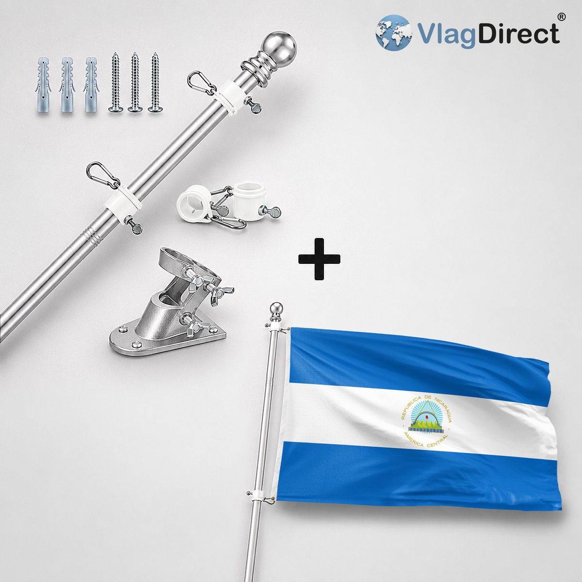 VlagDirect - Compleet vlaggenpakket - Zilveren vlaggenstok inclusief vlaggenstokhouder + Nicaraguaanse vlag - Nicaragua vlag - 90 x 150 cm