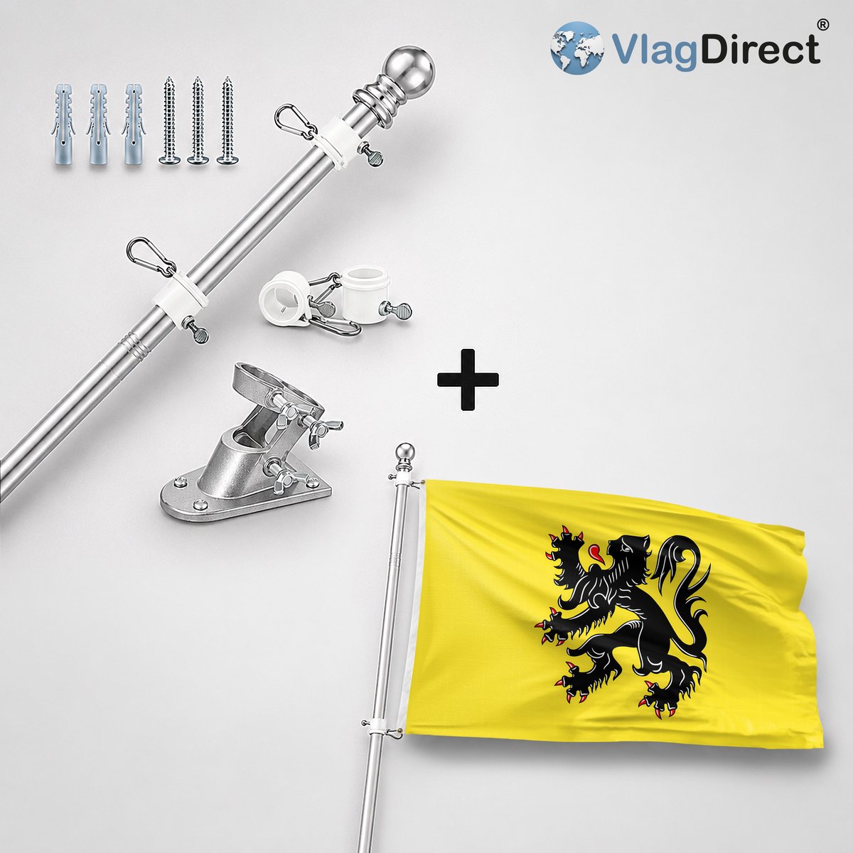 VlagDirect - Compleet vlaggenpakket - Zilveren vlaggenstok inclusief vlaggenstokhouder + Vlaamse vlag - Vlaanderen vlag - Vlaams Gewest vlag - 90 x 150 cm.