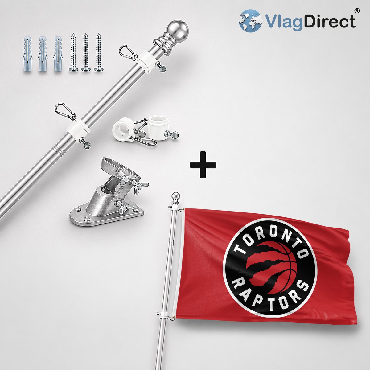 VlagDirect - Compleet vlaggenpakket - Zilveren vlaggenstok inclusief vlaggenstokhouder + Toronto Raptors vlag - Toronto Raptors basketbalteam vlag - 90 x 150 cm.