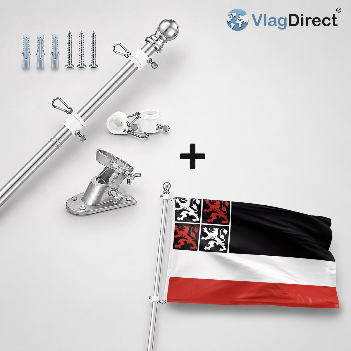 VlagDirect - Compleet vlaggenpakket - Zilveren vlaggenstok inclusief vlaggenstokhouder + Uitgeest vlag - Gemeente Uitgeest vlag - 90 x 150 cm.