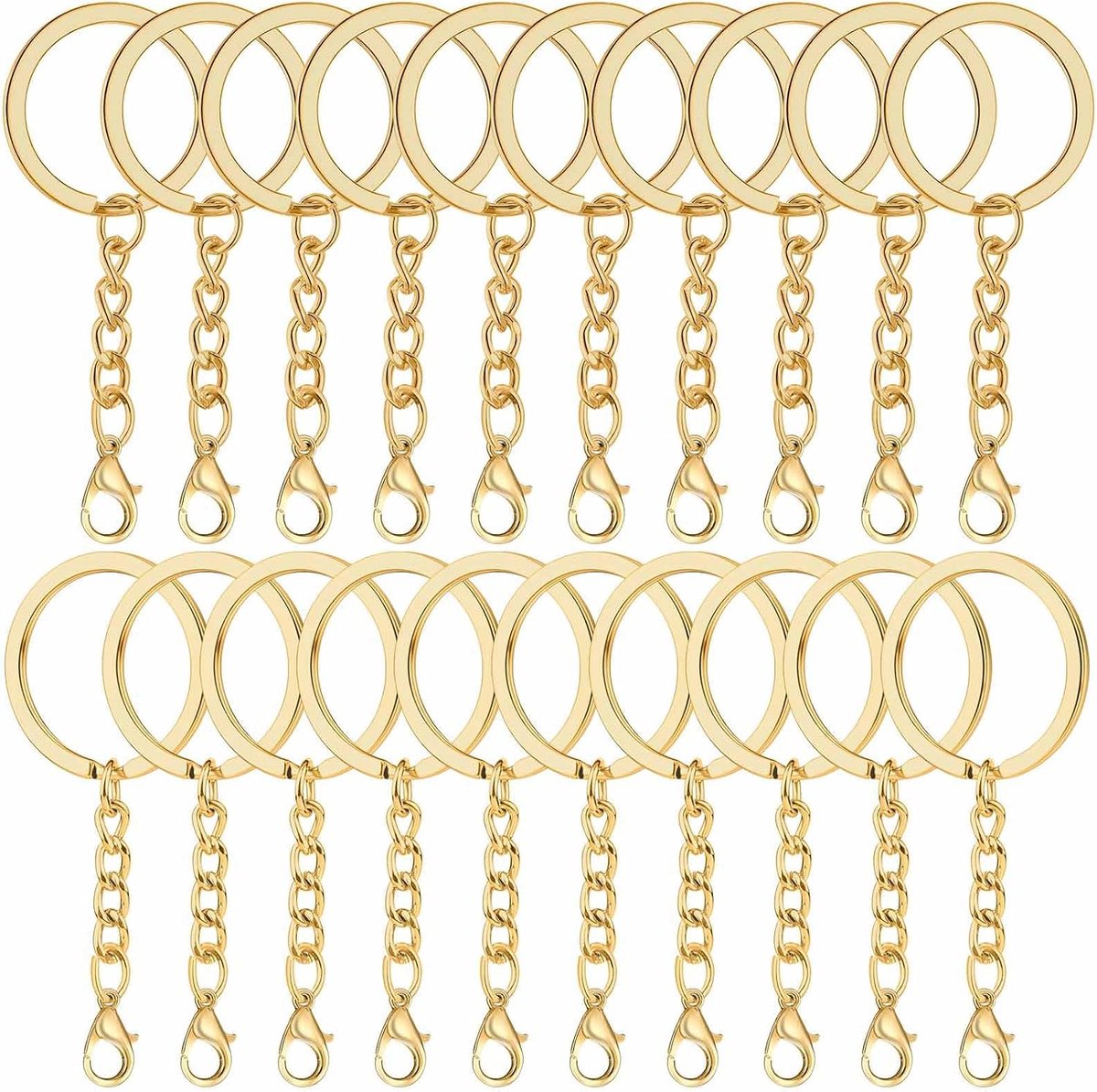 Sleutelringen met karabijnhaak, sleutelhanger van metaal, set voor sleutels met ketting, 100 stuks, verguld, plat, 25 - ShopVlot